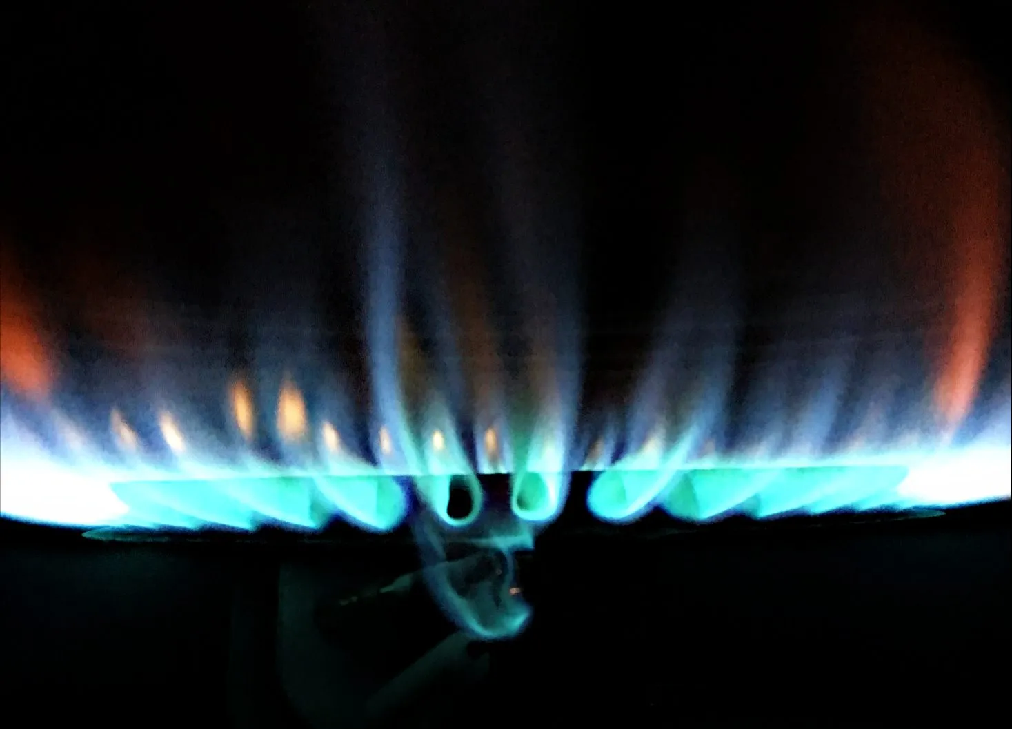 Close view of blue burner flames from the Driftless HVAC photo archive