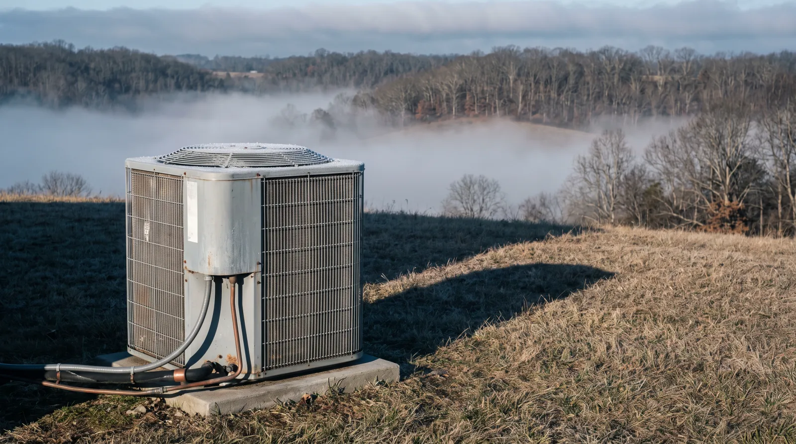 Illustrative unbranded outdoor condenser with frost on its grille, overlooking a foggy valley